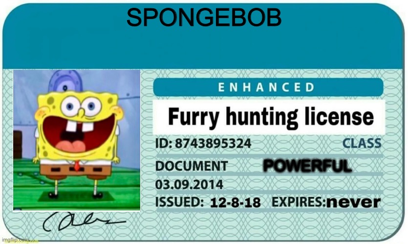 furry hunting license | SPONGEBOB; POWERFUL | image tagged in furry hunting license | made w/ Imgflip meme maker