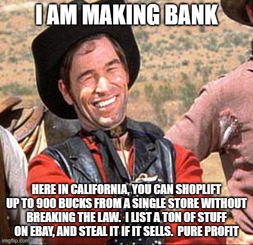 Great business opportunity | I AM MAKING BANK; HERE IN CALIFORNIA, YOU CAN SHOPLIFT UP TO 900 BUCKS FROM A SINGLE STORE WITHOUT BREAKING THE LAW.  I LIST A TON OF STUFF ON EBAY, AND STEAL IT IF IT SELLS.  PURE PROFIT | image tagged in cowboy,great business opportunity,making bank,ebay,shoplifting,california | made w/ Imgflip meme maker