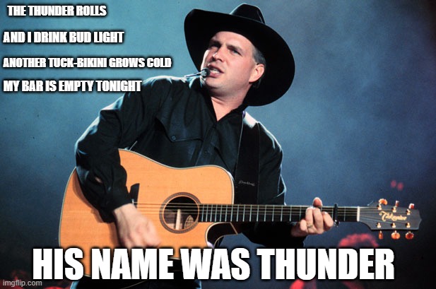thunder, nashville, bud light | THE THUNDER ROLLS; AND I DRINK BUD LIGHT; ANOTHER TUCK-BIKINI GROWS COLD; MY BAR IS EMPTY TONIGHT; HIS NAME WAS THUNDER | image tagged in garth brooks | made w/ Imgflip meme maker