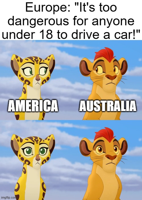 They really don't care | Europe: "It's too dangerous for anyone under 18 to drive a car!"; AMERICA; AUSTRALIA | image tagged in kion and fuli side-eye,memes,funny,lion guard,why are you reading this | made w/ Imgflip meme maker