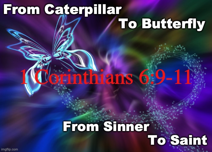 All things are possible with God. | From Caterpillar
                          To Butterfly; 1 Corinthians 6:9-11; From Sinner
                                 To Saint | image tagged in mark chapter 10 verse 27 | made w/ Imgflip meme maker
