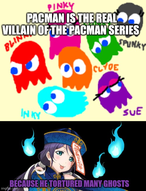 Ghost facts | PACMAN IS THE REAL VILLAIN OF THE PACMAN SERIES; BECAUSE HE TORTURED MANY GHOSTS | image tagged in pacman ghosts on deviantart,nozomi ghost,important,ghost,facts | made w/ Imgflip meme maker