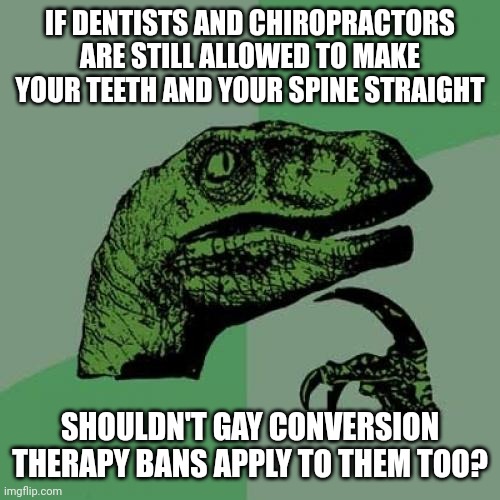 Dentists and chiropractors are homophobic | IF DENTISTS AND CHIROPRACTORS ARE STILL ALLOWED TO MAKE YOUR TEETH AND YOUR SPINE STRAIGHT; SHOULDN'T GAY CONVERSION THERAPY BANS APPLY TO THEM TOO? | image tagged in memes,philosoraptor,lgbtq,gay,humor | made w/ Imgflip meme maker