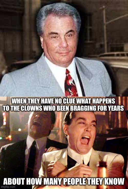 WHEN THEY HAVE NO CLUE WHAT HAPPENS TO THE CLOWNS WHO BEEN BRAGGING FOR YEARS; ABOUT HOW MANY PEOPLE THEY KNOW | image tagged in gotti,memes,good fellas hilarious | made w/ Imgflip meme maker