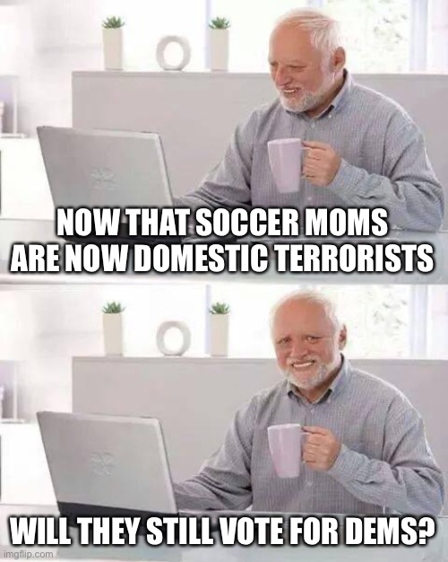 Inquiring minds want to know! | NOW THAT SOCCER MOMS ARE NOW DOMESTIC TERRORISTS; WILL THEY STILL VOTE FOR DEMS? | image tagged in hide the pain harold,soccer moms,school board protest,domestic terrorist,vote | made w/ Imgflip meme maker