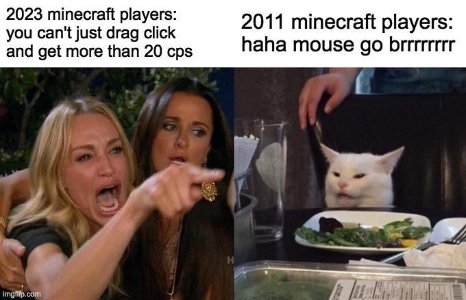minecraft meme | 2023 minecraft players:
you can't just drag click 
and get more than 20 cps; 2011 minecraft players:
haha mouse go brrrrrrrr | image tagged in memes,woman yelling at cat | made w/ Imgflip meme maker