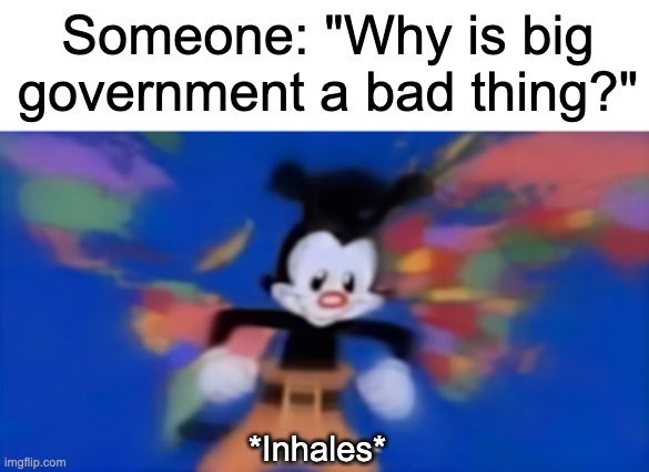Libertarian Yako Warner | Someone: "Why is big government a bad thing?"; *Inhales* | image tagged in yakko inhale | made w/ Imgflip meme maker