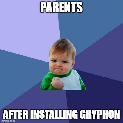 Gryphon Parental Control Router | PARENTS; AFTER INSTALLING GRYPHON | image tagged in memes,success kid | made w/ Imgflip meme maker