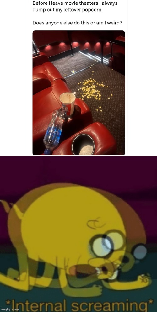 Jake The Dog Internal Screaming | image tagged in jake the dog internal screaming,theater,movie,popcorn,dump | made w/ Imgflip meme maker