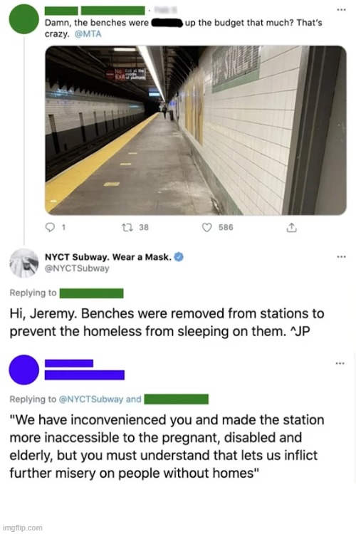 image tagged in nyc,subway,station,benches,homeless | made w/ Imgflip meme maker