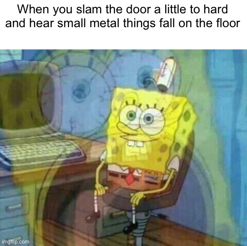 Ruh roh | When you slam the door a little to hard and hear small metal things fall on the floor | image tagged in spongebob panic inside | made w/ Imgflip meme maker