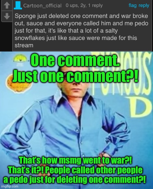 One comment. Just one comment?! That’s how msmg went to war?! That’s it?! People called other people a pedo just for deleting one comment?! | image tagged in furious d | made w/ Imgflip meme maker