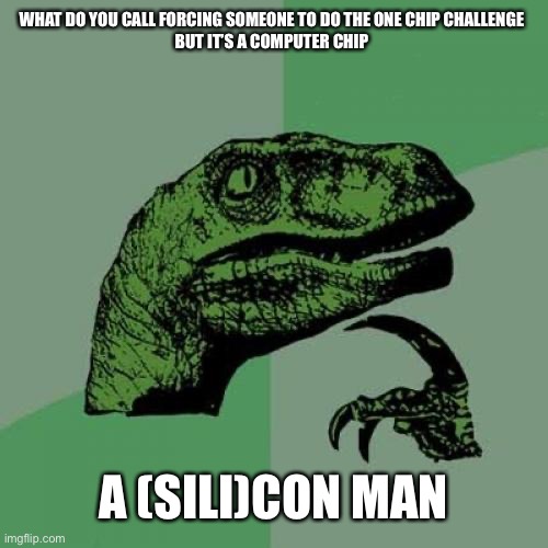 Philosoraptor | WHAT DO YOU CALL FORCING SOMEONE TO DO THE ONE CHIP CHALLENGE 

BUT IT’S A COMPUTER CHIP; A (SILI)CON MAN | image tagged in memes,philosoraptor,stupid,never gonna give you up,l get rickrolled | made w/ Imgflip meme maker