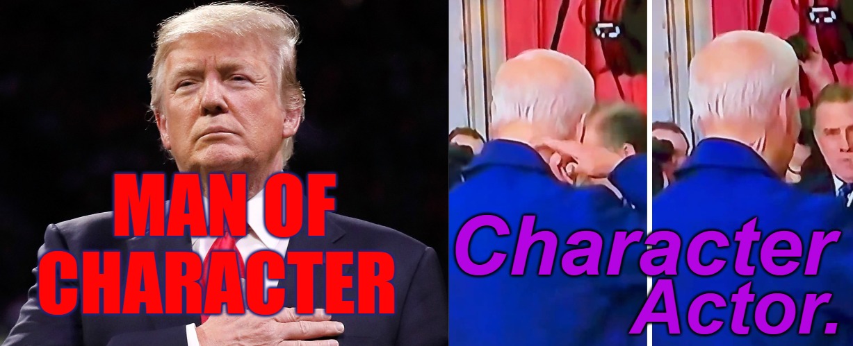 Trump Man of Character - Biden is a Character Actor | Character; MAN OF CHARACTER; Actor. | image tagged in donald trump,biden,joe biden,fake joe,president | made w/ Imgflip meme maker