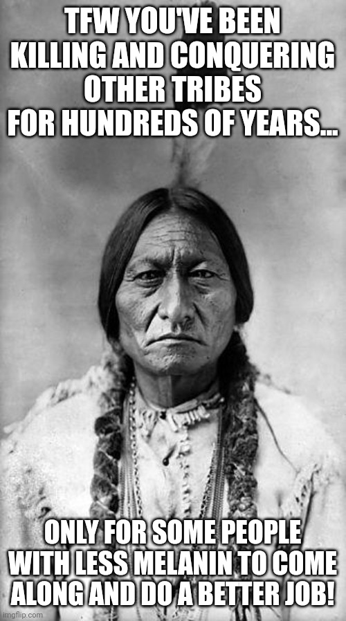 Happy Thanksgiving! | TFW YOU'VE BEEN KILLING AND CONQUERING OTHER TRIBES FOR HUNDREDS OF YEARS... ONLY FOR SOME PEOPLE WITH LESS MELANIN TO COME ALONG AND DO A BETTER JOB! | image tagged in sitting bull | made w/ Imgflip meme maker