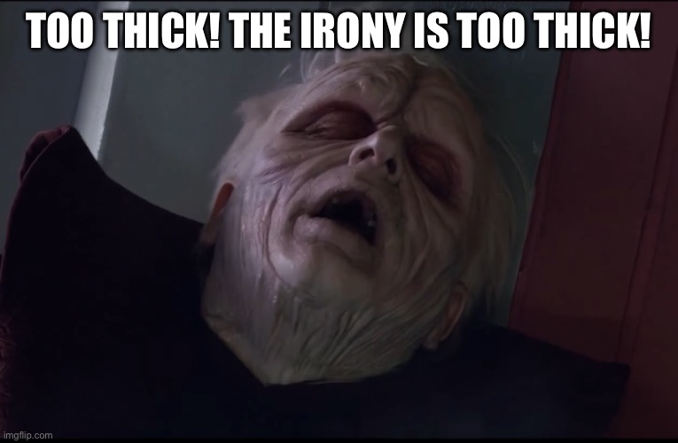 PALPATINE TOO WEAK | TOO THICK! THE IRONY IS TOO THICK! | image tagged in palpatine too weak | made w/ Imgflip meme maker