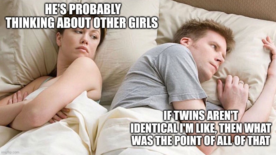 He's probably thinking about girls | HE'S PROBABLY THINKING ABOUT OTHER GIRLS; IF TWINS AREN'T IDENTICAL I'M LIKE, THEN WHAT WAS THE POINT OF ALL OF THAT | image tagged in he's probably thinking about girls | made w/ Imgflip meme maker