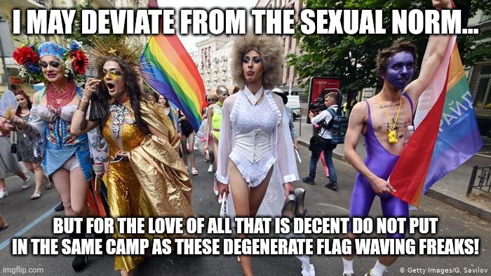 The month of that which Goeth before Destruction | I MAY DEVIATE FROM THE SEXUAL NORM... BUT FOR THE LOVE OF ALL THAT IS DECENT DO NOT PUT IN THE SAME CAMP AS THESE DEGENERATE FLAG WAVING FREAKS! | image tagged in gay pride parade | made w/ Imgflip meme maker