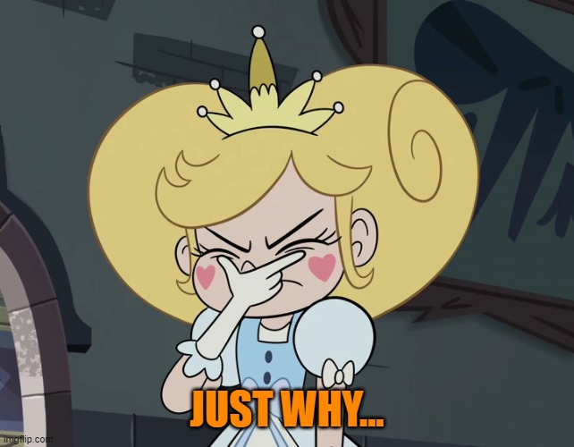 Star Butterfly getting very frustrated | JUST WHY... | image tagged in star butterfly getting very frustrated | made w/ Imgflip meme maker