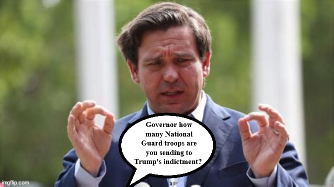 Ron fails to protect Trump again. | Governor how many National Guard troops are you sending to Trump's indictment? | image tagged in desantis,trump,indictment,maga,national guard,florida court | made w/ Imgflip meme maker