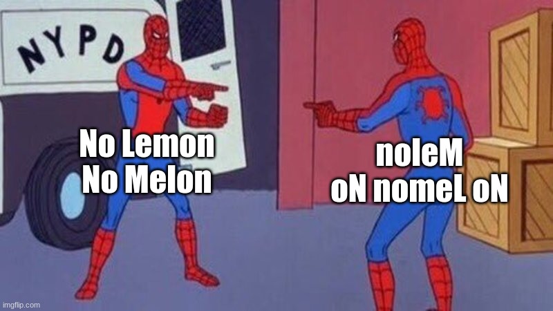 Palindrome in a nutshell | No Lemon No Melon; noleM oN nomeL oN | image tagged in spiderman pointing at spiderman | made w/ Imgflip meme maker