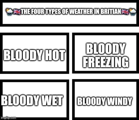 Uk weather be like | 🌦🇬🇧THE FOUR TYPES OF WEATHER IN BRITIAN🇬🇧🌦; BLOODY FREEZING; BLOODY HOT; BLOODY WET; BLOODY WINDY | image tagged in 4 horsemen of | made w/ Imgflip meme maker