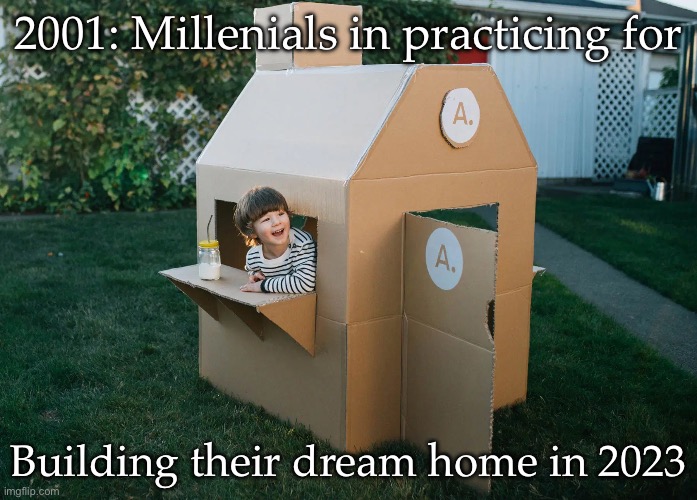 Dream home | 2001: Millenials in practicing for; Building their dream home in 2023 | image tagged in boxes,house,millenials | made w/ Imgflip meme maker