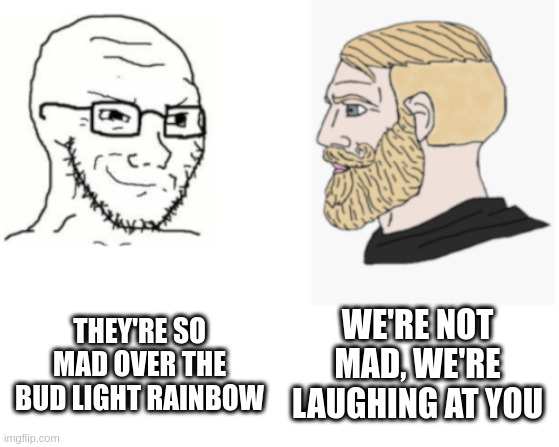 Not mad at Bud Light Rainbow | WE'RE NOT MAD, WE'RE LAUGHING AT YOU; THEY'RE SO MAD OVER THE BUD LIGHT RAINBOW | image tagged in smug soyjak / yes chad | made w/ Imgflip meme maker