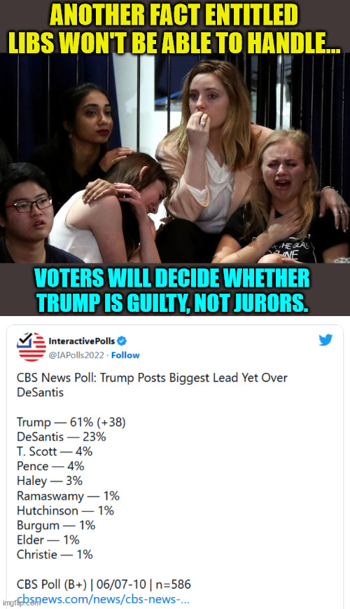 Bring it...  it won't change the vote... in fact it will help his re-election | ANOTHER FACT ENTITLED LIBS WON'T BE ABLE TO HANDLE... VOTERS WILL DECIDE WHETHER TRUMP IS GUILTY, NOT JURORS. | image tagged in stupid libtards,rigged,justice,system,media lies,government corruption | made w/ Imgflip meme maker