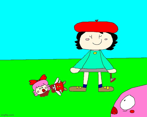 Adeleine is murdering Ribbon lol (featuring Kirby) | image tagged in kirby,gore,blood,funny,cute,parody | made w/ Imgflip meme maker