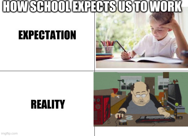 image title | HOW SCHOOL EXPECTS US TO WORK | image tagged in expectation vs reality | made w/ Imgflip meme maker
