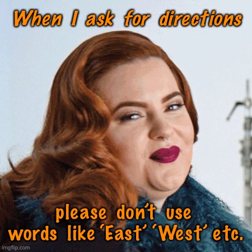 Asking for directions | When  I  ask  for  directions; please  don’t  use  words  like ‘East’ ‘West’ etc. | image tagged in smug woman,directions,do not use terms,like east west | made w/ Imgflip meme maker