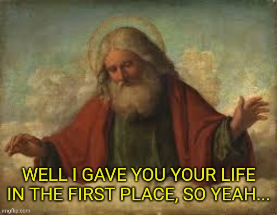 god | WELL I GAVE YOU YOUR LIFE IN THE FIRST PLACE, SO YEAH... | image tagged in god | made w/ Imgflip meme maker