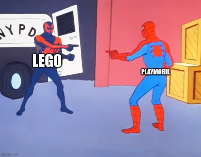Pointing Spider-Man 2099 | PLAYMOBIL; LEGO | image tagged in pointing spider-man 2099 | made w/ Imgflip meme maker