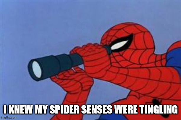 Spiderman binoculars | I KNEW MY SPIDER SENSES WERE TINGLING | image tagged in spiderman binoculars | made w/ Imgflip meme maker