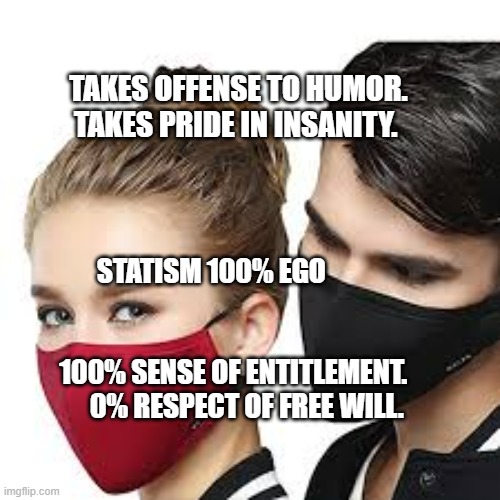 Mask Couple | TAKES OFFENSE TO HUMOR. TAKES PRIDE IN INSANITY. STATISM 100% EGO                                                 
       100% SENSE OF ENTITLEMENT.    
        0% RESPECT OF FREE WILL. | image tagged in mask couple | made w/ Imgflip meme maker