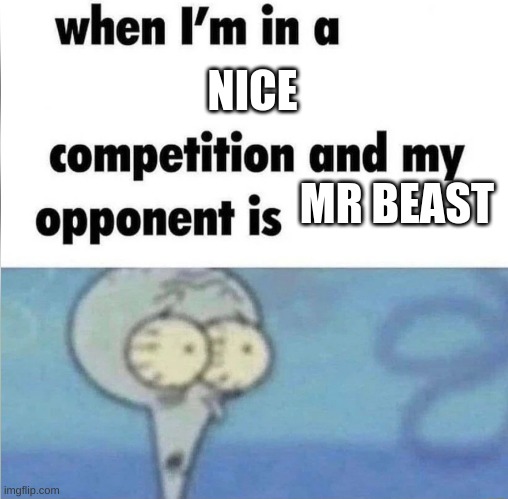 Nice mr beast | NICE; MR BEAST | image tagged in whe i'm in a competition and my opponent is | made w/ Imgflip meme maker