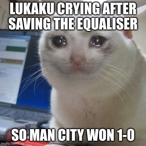 Crying cat | LUKAKU CRYING AFTER SAVING THE EQUALISER; SO MAN CITY WON 1-0 | image tagged in inter | made w/ Imgflip meme maker