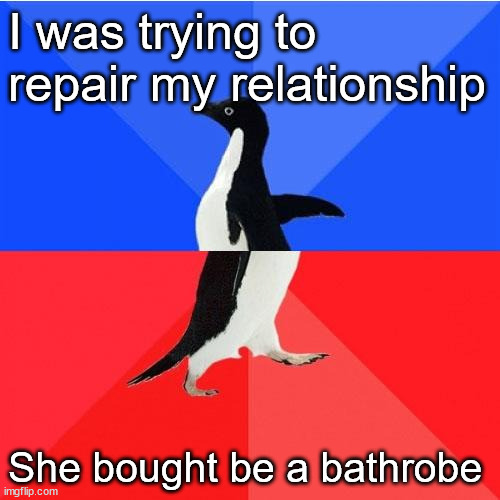 Does this mean we are OK? | I was trying to repair my relationship; She bought be a bathrobe | image tagged in memes,socially awkward awesome penguin,relationships,women,men | made w/ Imgflip meme maker