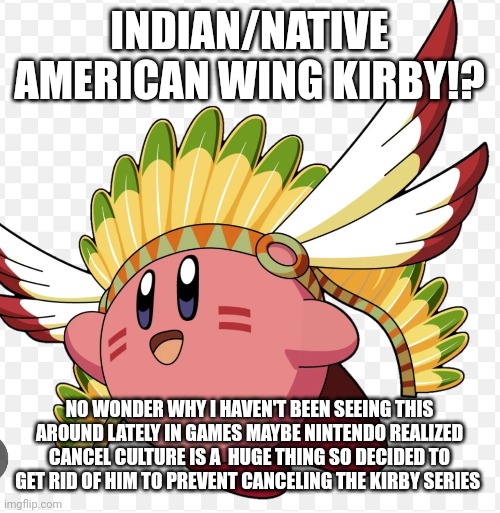 Indian/native American wing Kirby ability no wonder why I haven't been seeing it lately | INDIAN/NATIVE AMERICAN WING KIRBY!? NO WONDER WHY I HAVEN'T BEEN SEEING THIS AROUND LATELY IN GAMES MAYBE NINTENDO REALIZED CANCEL CULTURE IS A  HUGE THING SO DECIDED TO GET RID OF HIM TO PREVENT CANCELING THE KIRBY SERIES | image tagged in wing kirby,wing kirby memes,cancel culture,native american,indian chief,indian kirby | made w/ Imgflip meme maker