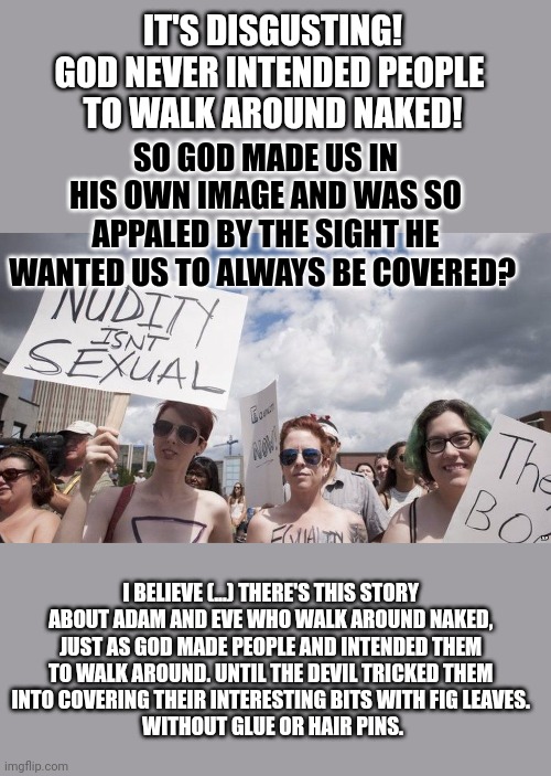 Did God intend us to be naked? | IT'S DISGUSTING!
GOD NEVER INTENDED PEOPLE 
TO WALK AROUND NAKED! SO GOD MADE US IN HIS OWN IMAGE AND WAS SO APPALED BY THE SIGHT HE WANTED US TO ALWAYS BE COVERED? I BELIEVE (...) THERE'S THIS STORY 
ABOUT ADAM AND EVE WHO WALK AROUND NAKED, 
JUST AS GOD MADE PEOPLE AND INTENDED THEM 
TO WALK AROUND. UNTIL THE DEVIL TRICKED THEM 

INTO COVERING THEIR INTERESTING BITS WITH FIG LEAVES. 
WITHOUT GLUE OR HAIR PINS. | image tagged in conservative hypocrisy,nudity,naked,adam and eve,bible,think about it | made w/ Imgflip meme maker