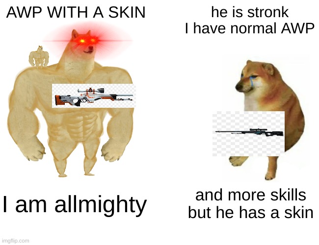 Memes of CSGO | AWP WITH A SKIN; he is stronk I have normal AWP; I am allmighty; and more skills but he has a skin | image tagged in memes,buff doge vs cheems | made w/ Imgflip meme maker