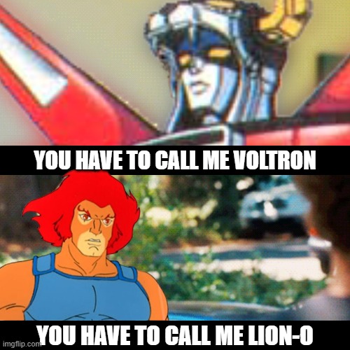 YOU HAVE TO CALL ME VOLTRON | YOU HAVE TO CALL ME VOLTRON; YOU HAVE TO CALL ME LION-O | image tagged in voltron,lion-o,thundercats | made w/ Imgflip meme maker