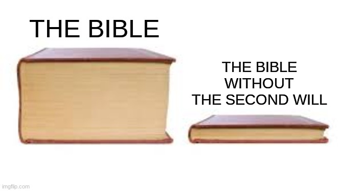 the new bible | THE BIBLE; THE BIBLE WITHOUT THE SECOND WILL | image tagged in big book small book | made w/ Imgflip meme maker