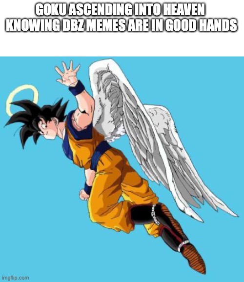 angel goku | GOKU ASCENDING INTO HEAVEN 
KNOWING DBZ MEMES ARE IN GOOD HANDS | image tagged in angel goku | made w/ Imgflip meme maker