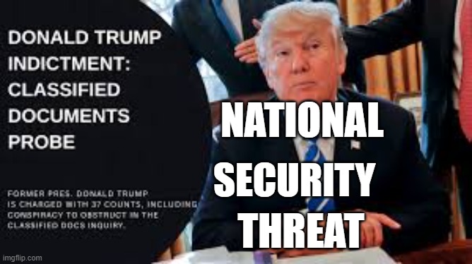 Donald Trump | NATIONAL; SECURITY; THREAT | image tagged in donald trump,threat to our national secuirty,national security,indicted,maga | made w/ Imgflip meme maker