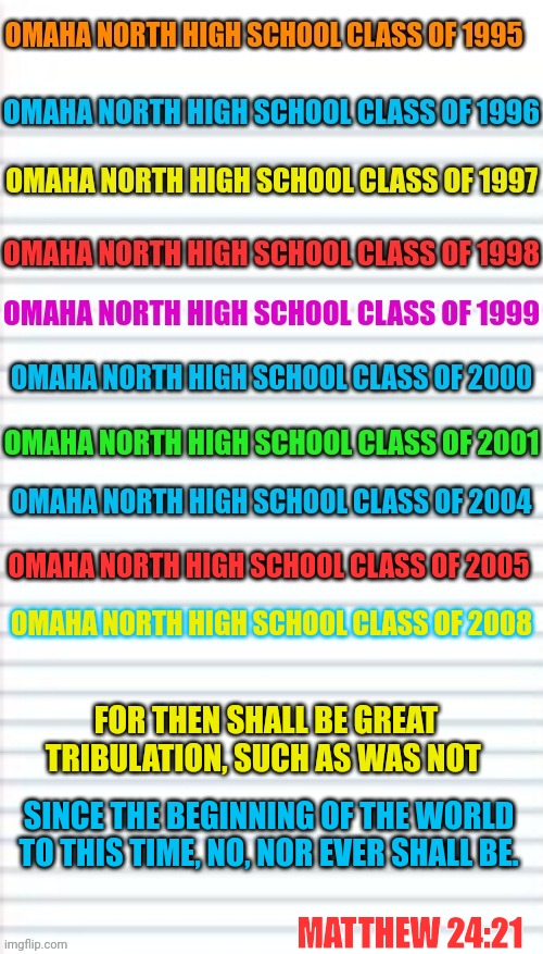 OMAHA NORTH HIGH SCHOOL CLASS OF 2005; OMAHA NORTH HIGH SCHOOL CLASS OF 2008; FOR THEN SHALL BE GREAT TRIBULATION, SUCH AS WAS NOT; SINCE THE BEGINNING OF THE WORLD TO THIS TIME, NO, NOR EVER SHALL BE. MATTHEW 24:21 | made w/ Imgflip meme maker