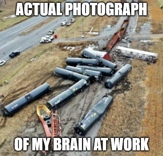 How My Brain Works | ACTUAL PHOTOGRAPH; OF MY BRAIN AT WORK | image tagged in train derailment,derailed,how my brain works | made w/ Imgflip meme maker
