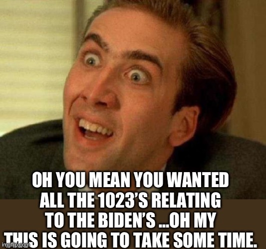 Nicolas cage | OH YOU MEAN YOU WANTED ALL THE 1023’S RELATING TO THE BIDEN’S …OH MY THIS IS GOING TO TAKE SOME TIME. | image tagged in nicolas cage | made w/ Imgflip meme maker