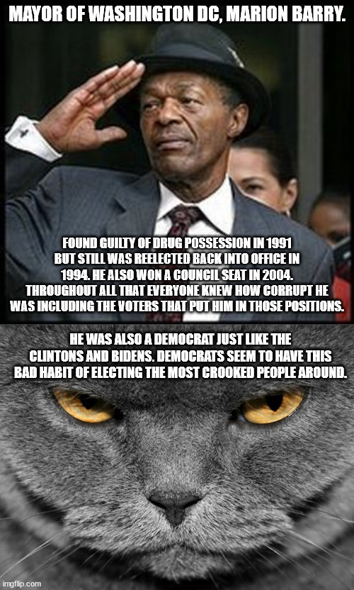 Crook after crook after crook no thanks to Democrat voters. | MAYOR OF WASHINGTON DC, MARION BARRY. FOUND GUILTY OF DRUG POSSESSION IN 1991 BUT STILL WAS REELECTED BACK INTO OFFICE IN 1994. HE ALSO WON A COUNCIL SEAT IN 2004. THROUGHOUT ALL THAT EVERYONE KNEW HOW CORRUPT HE WAS INCLUDING THE VOTERS THAT PUT HIM IN THOSE POSITIONS. HE WAS ALSO A DEMOCRAT JUST LIKE THE CLINTONS AND BIDENS. DEMOCRATS SEEM TO HAVE THIS BAD HABIT OF ELECTING THE MOST CROOKED PEOPLE AROUND. | image tagged in marion barry,grumpy graey cat,government corruption,politicians suck | made w/ Imgflip meme maker